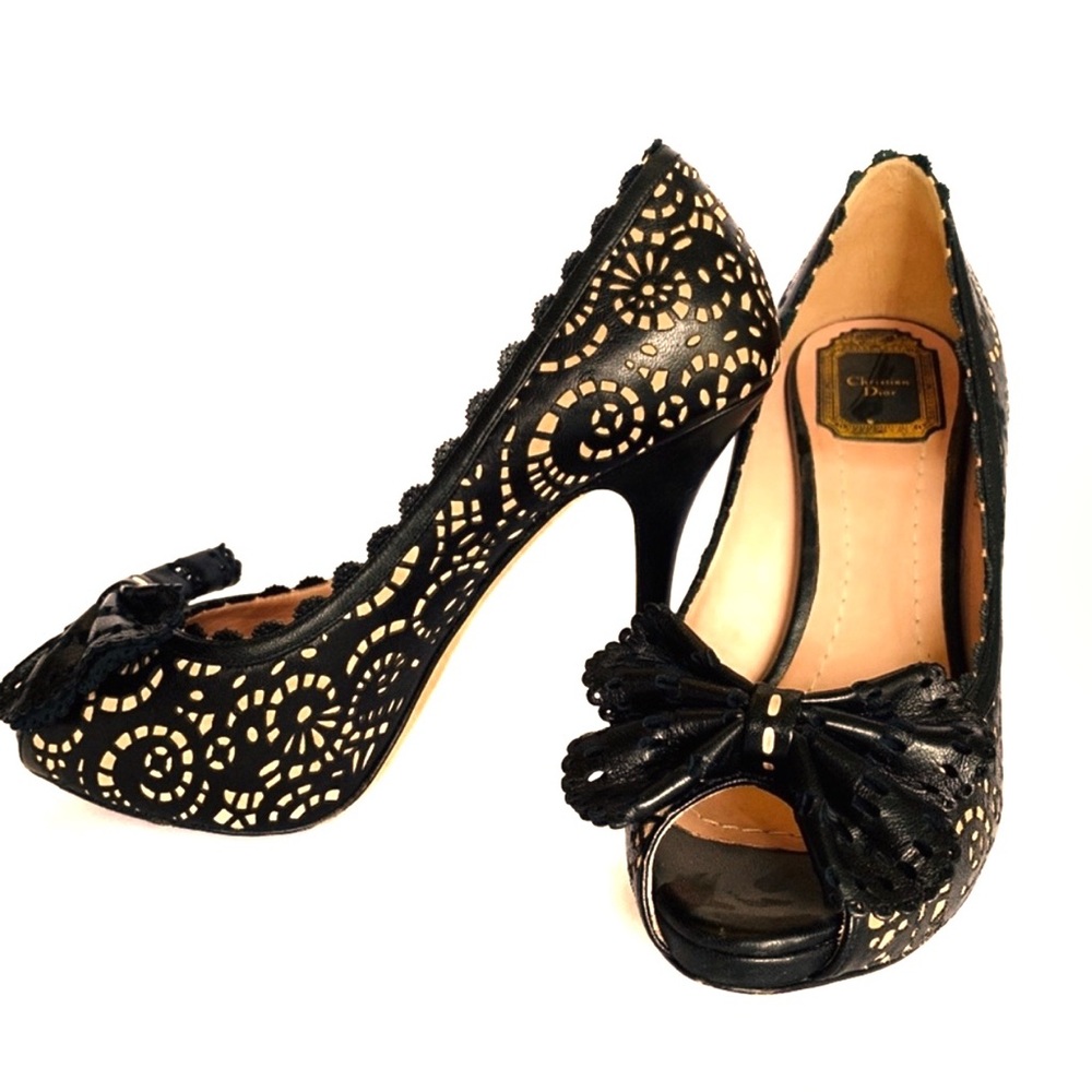 Dior Caprice Leather Lace/Blush Peep Toe Pump - 37